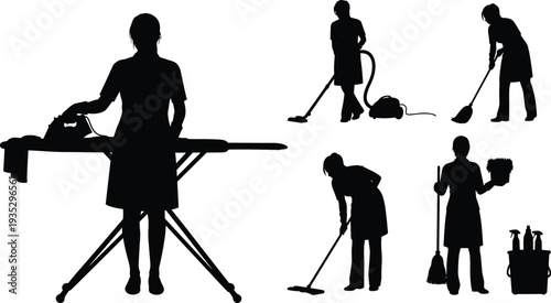 Professional Housekeeper and Maid Silhouette Set Featuring Cleaning Services Like Ironing Vacuuming Sweeping and Mopping for Domestic Help and Hospitality