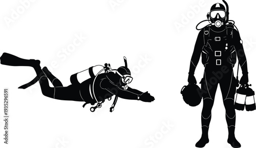 Professional Scuba Diver Silhouettes in Full Gear Set Including Horizontal Swimming Pose and Standing Position with Equipment on White Background