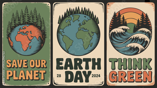 Vintage earth day posters save planet think green earth day 2024 badges with retro style illustrations