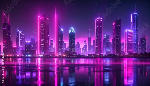 Glowing skyscrapers dominate a purple neon cityscape reflected on water under a starlit sky