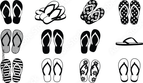 Set of black and white flip flop icons featuring various patterns like polka dots stripes and flowers for summer beach vector design