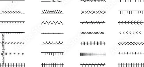 Sewing stitch lines collection with hand stitch and machine stitch styles, tailoring symbols set, embroidery seam vector illustration