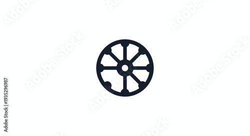 A black wheel icon with eight spokes on a white background.
