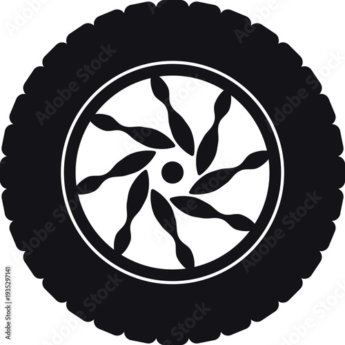 Black rubber wheel tire design. Wheel tires. Car tire tread tracks, Mini Van racing wheel minimal design. Tyres road maintenance vector automobile. Auto Van wheel tyre. Vector illustration rim design