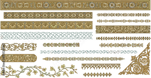 Vintage ornamental border collection with floral scroll patterns and decorative frames, classic antique design elements, vector illustration set