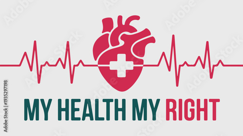 Heart health awareness logo with ecg line and my health my right text symbolizing wellness and medical care rights