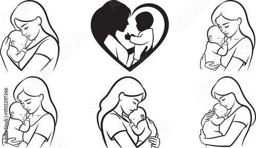 Mother and Baby Embrace Line Art Collection Keywords: mother, baby, infant, child, family, love