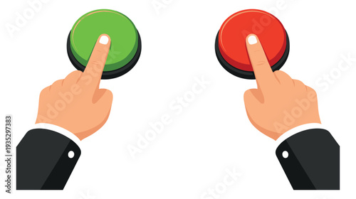 Flat design button set featuring hands pressing green and red buttons for choice and action