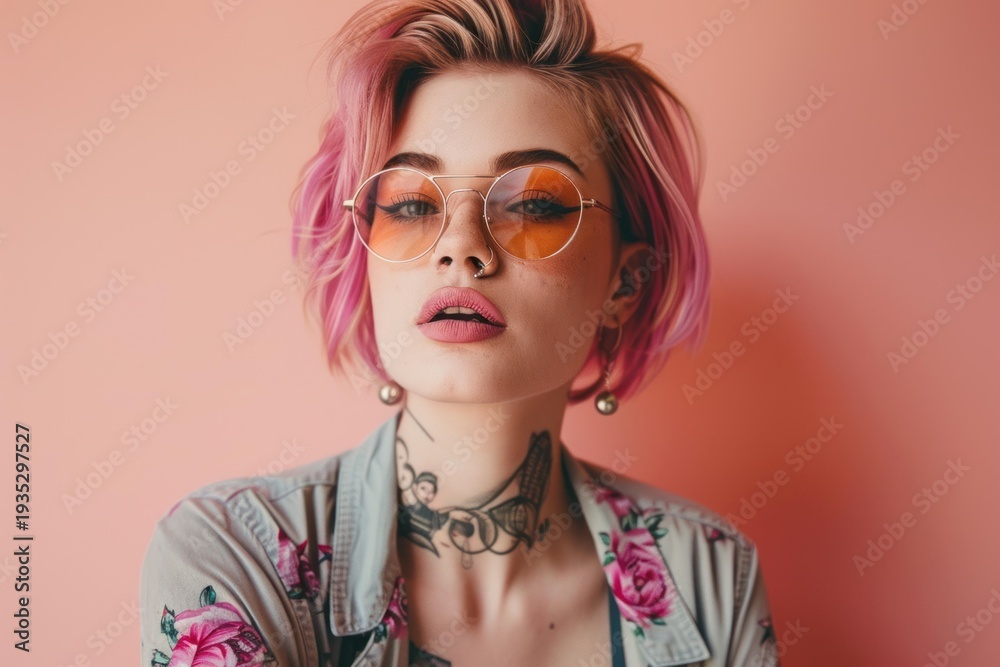 Obraz premium Fashion portrait of a cool young woman with pink hair, tattoo and sunglasses posing on pink background