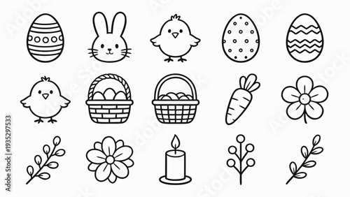 Set of 20 Easter line icons in a cohesive style, fully visible elements with consistent stroke weight