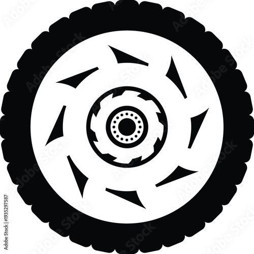 Black rubber wheel tire design. Wheel tires. Car tire tread tracks, Mini Van racing wheel minimal design. Tyres road maintenance vector automobile. Auto Van wheel tyre. Vector illustration rim design