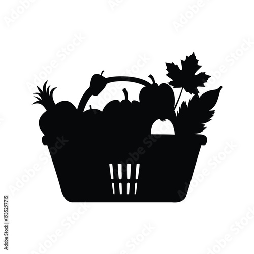 fall harvest basket silhouette vector illustration, A basket filled with various fruits and vegetables silhouette vector illustration