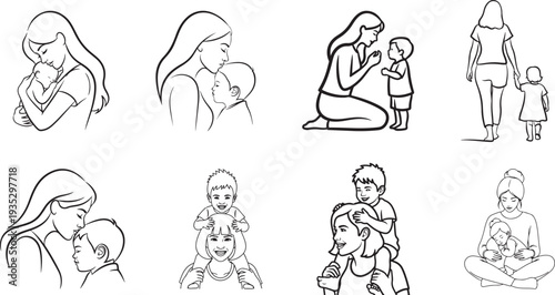 Mother and Children Various Interactions Line Art Keywords: mother, child, children, family