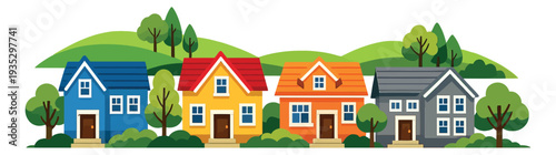 Flat design neighborhood set featuring colorful suburban houses, trees and hills for real estate development