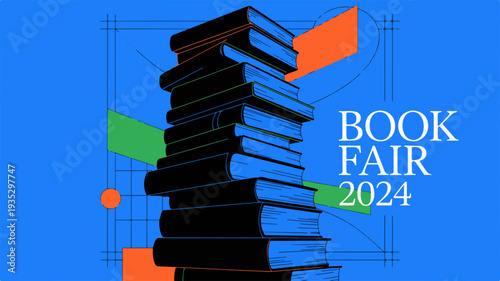Modern book fair poster design with stacked books and colorful shapes on blue background reading event 2024