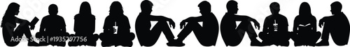  Silhouette illustration of diverse people sitting in a row with books and drinks, casual lifestyle vector artwork, human posture concept, social gathering design reference