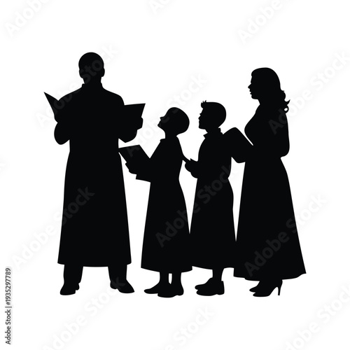 family singing carols silhouette vector illustration, Silhouette of family reading books together, heartwarming scene, vector illustration design