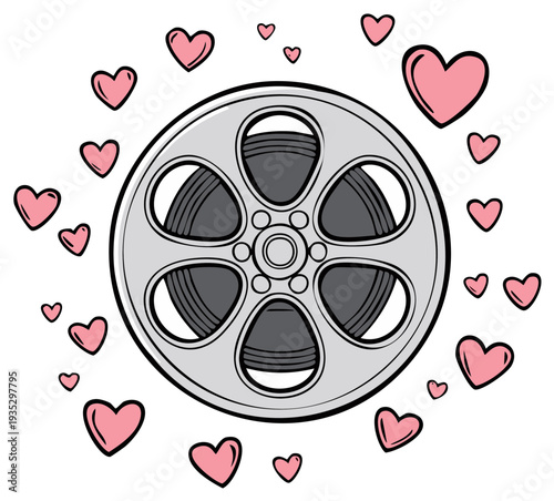 Movie Film Reel with Pink Hearts Concept for Cinema Love and Romantic Films or Anniversary Celebrations