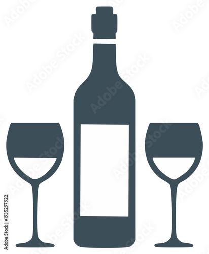 Wine bottle with two glasses flat vector icon Simple silhouette for wine tasting celebration dinner or bar menu design