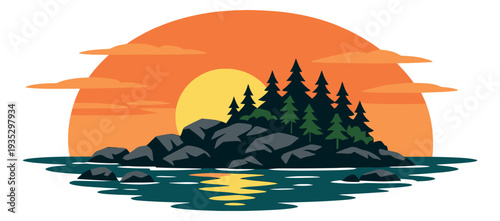 Graphic illustration of a rocky island with pine trees depicting a vibrant sunset for nature and travel
