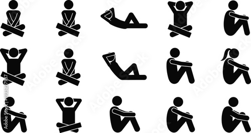  Silhouette illustration of diverse seated and reclining human figures in relaxed postures, meditation and lifestyle concept, vector artwork, human posture design reference, community interaction
