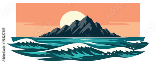 Graphic illustration of a mountain island seascape depicting a scenic sunset for nature and adventure
