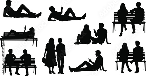  Silhouette illustration of pairs of people sitting and reclining in casual poses with mobile phones