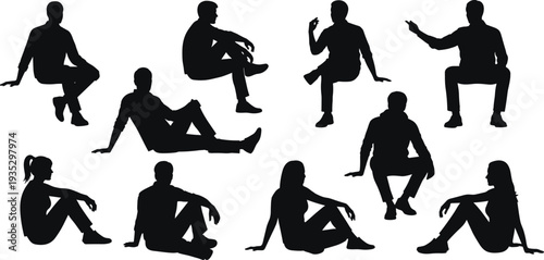  Silhouette illustration of diverse people sitting in conversational postures, casual group discussion concept, lifestyle vector artwork, human posture design reference, community social interaction