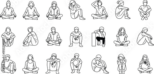  Line drawing illustration of diverse people sitting in casual postures, cross‑legged and contemplative poses, lifestyle vector artwork, human posture concept, design reference, community interaction