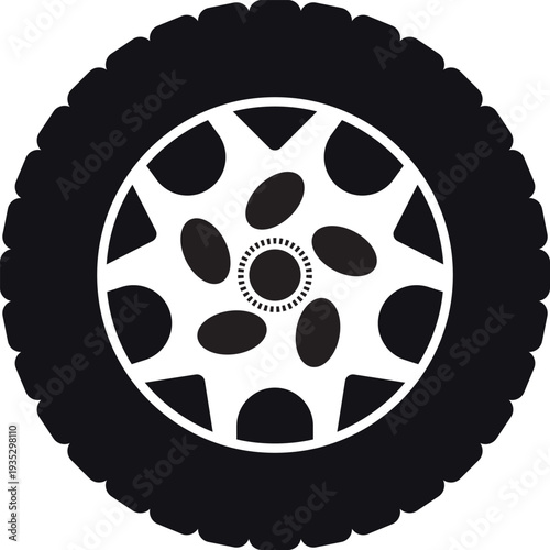 Black rubber wheel tire design. Wheel tires. Car tire tread tracks, Mini Van racing wheel minimal design. Tyres road maintenance vector automobile. Auto Van wheel tyre. Vector illustration rim design
