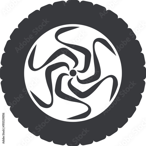Black rubber wheel tire design. Wheel tires. Car tire tread tracks, Mini Van racing wheel minimal design. Tyres road maintenance vector automobile. Auto Van wheel tyre. Vector illustration rim design