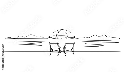 Minimalist One Line Beach Landscape Vector – Sun Umbrella Deck Chairs and Sea Waves Continuous Line Art on White