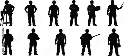  Silhouette illustration of construction workers in various poses with tools and safety helmets, industrial teamwork concept, labor workforce, building industry vector artwork design