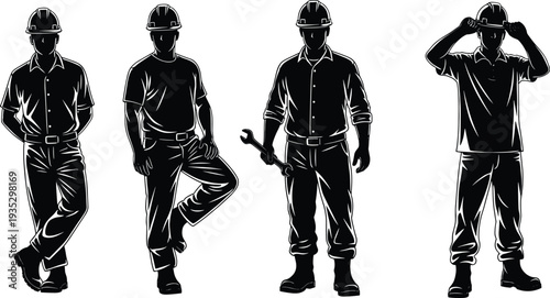  Silhouette illustration of construction workers wearing safety helmets in different poses with tools, industrial labor concept,  illustration