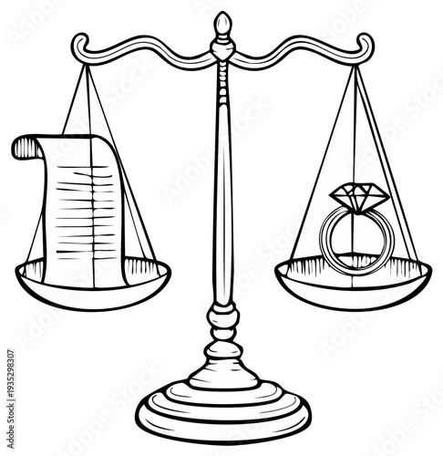 Illustration of a balancing scale with a legal document on one side and a wedding ring on the other representing justice