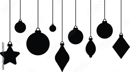 Christmas bauble silhouettes hanging ornaments set, holiday decoration vector, winter festive elements, xmas tree toys, decorative balls, star, diamond icons.