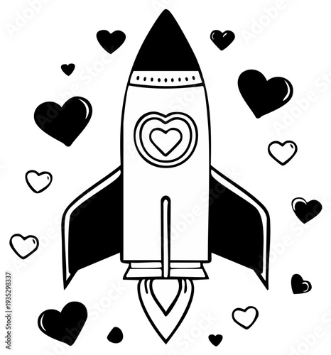 Hand-drawn rocket ship with hearts in a doodle style, celebrating love and adventure