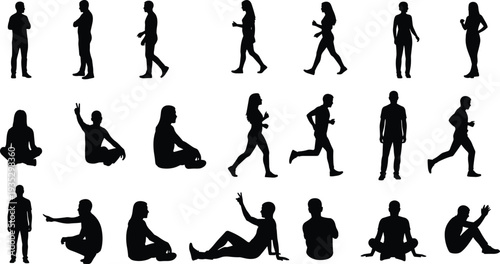 Silhouette illustration of diverse people in standing, walking, running, and sitting poses, human posture concept, lifestyle vector artwork, community, activity, movement, design reference