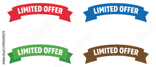 Modern graphic ribbon banner set featuring 'limited offer' text in multiple colors for promotions