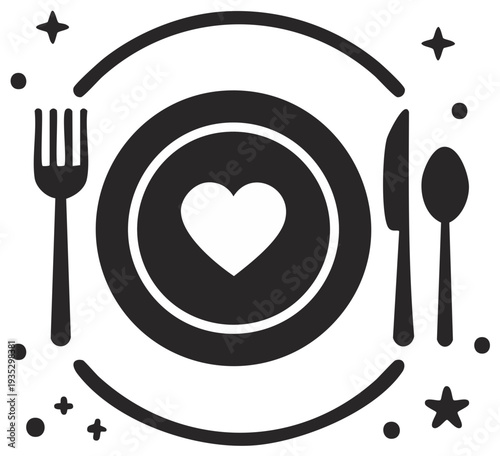 Loving Meal Preparation with a Heart on Plate and Fork Spoon Knife Vector Illustration. Romantic Dinner Concept for Valentine's Day or Wedding.