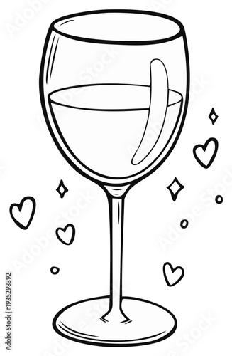 Wine Glass Illustration with Hearts and Sparkles Black and White Graphic
