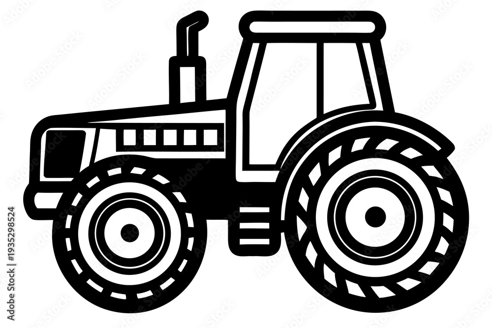 Obraz premium Black and white outline of a classic farm tractor with large wheels and exhaust pipe for agricultural and machinery design concepts
