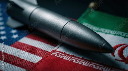 Macro Closeup Dark Metallic Missile Warhead, USA American Iran Iranian Flags Fabric, Middle East Military Conflict, Geopolitics Tension, Tactical Warfare Aggression Threat