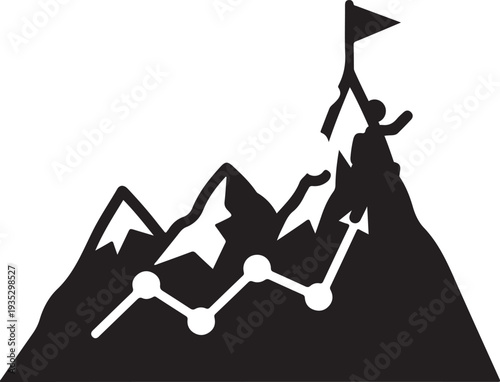 Silhouette of a person on a mountain peak with a flag isolated on transparent background