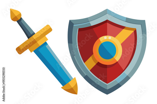 Vibrant cartoon sword and shield with blue accents against white background for fantasy adventure and gaming themes