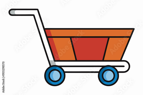 Colorful shopping cart illustration with blue wheels and orange basket on a white background