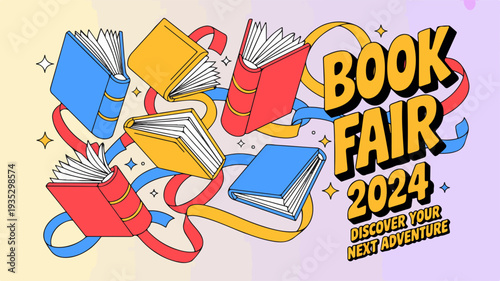 Vibrant book fair 2024 illustration with colorful books and ribbons discover your next adventure