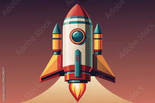 Retro futuristic rocket launching into space with vibrant orange flame against a gradient sky at sunset