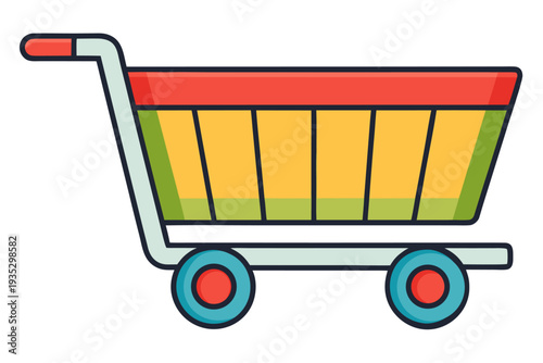 Vibrant shopping cart icon featuring bold colors and geometric shapes for retail and e-commerce design concepts