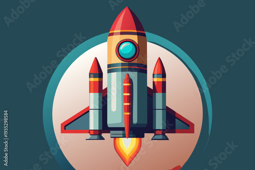 Colorful cartoon rocketship with flames launching into space on dark background: cartoon, colorful, rocketship, flames, launching, space, dark, background, adventure